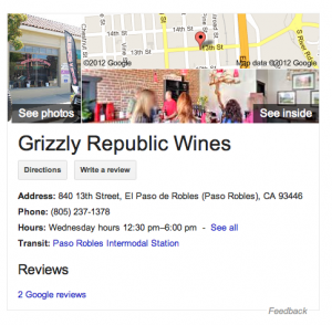 Grizzly Republic Wines on Google search