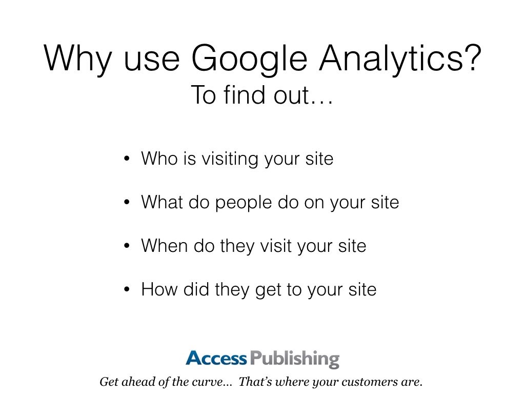 Why use Google Analytics? To find out… Who is visiting your site; What do people do on your site; When do they visit your site; How did they get to your site.