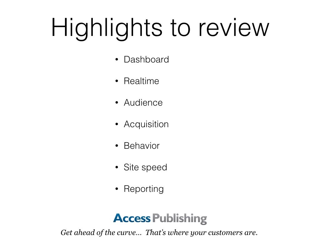 Highlights to review: Dashboard, Realtime, Audience, Acquisition, Behavior, Site speed, Reporting.
