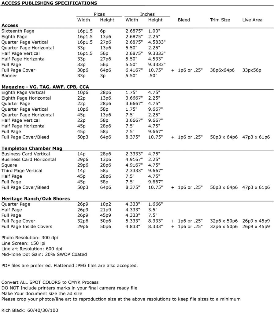 Access Publishing Ad Sizes