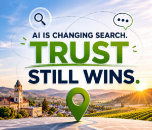 AI search graphic showing trust, local SEO, and online visibility for Paso Robles businesses